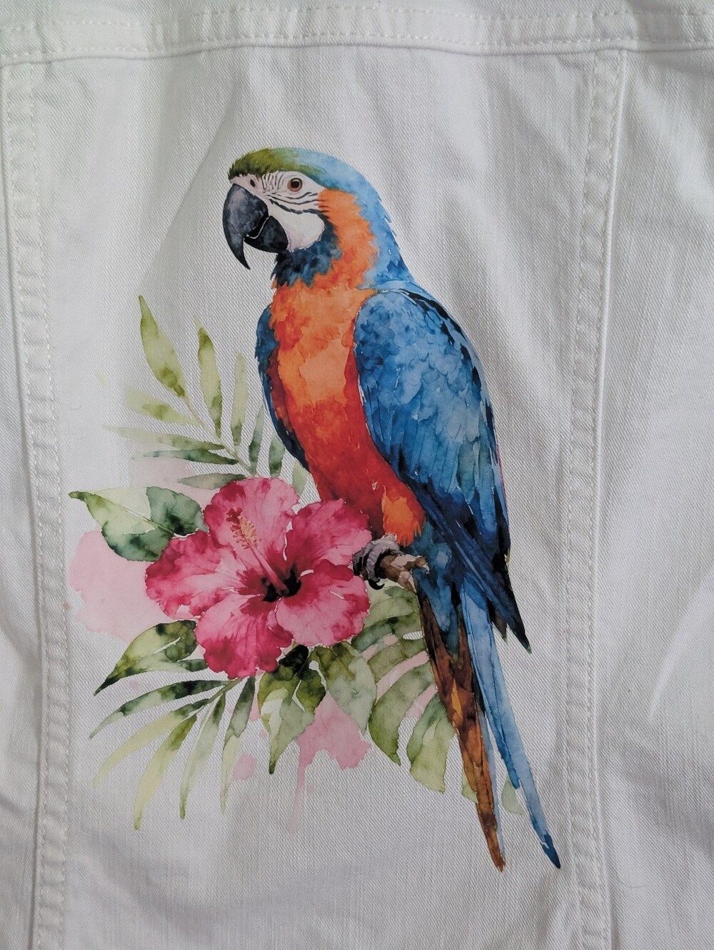 UpCycled Old Navy | Women's Small | Parrot 🦜and Hibiscus 🌺 Jean Jacket | White - Picture 11 of 11